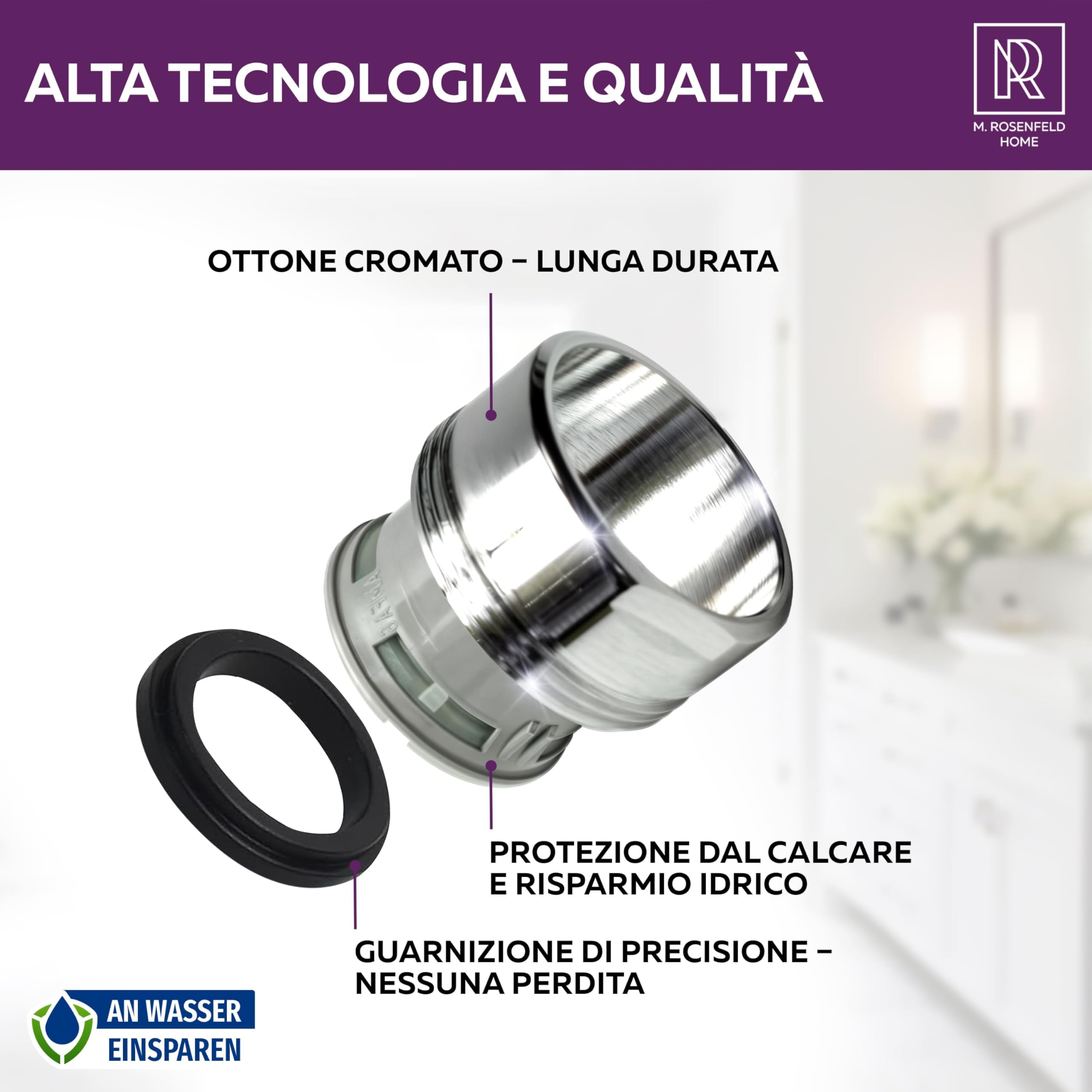 Prodotto Italiano - Rompigetto Rubinetto Cucina M24 - Aeratore per Rubinetto High-Tech - Risparmio Idrico e Filtrazione - Flusso d'Acqua 5 L/min - Anticalcare per Rubinetti da Cucina e Bagno