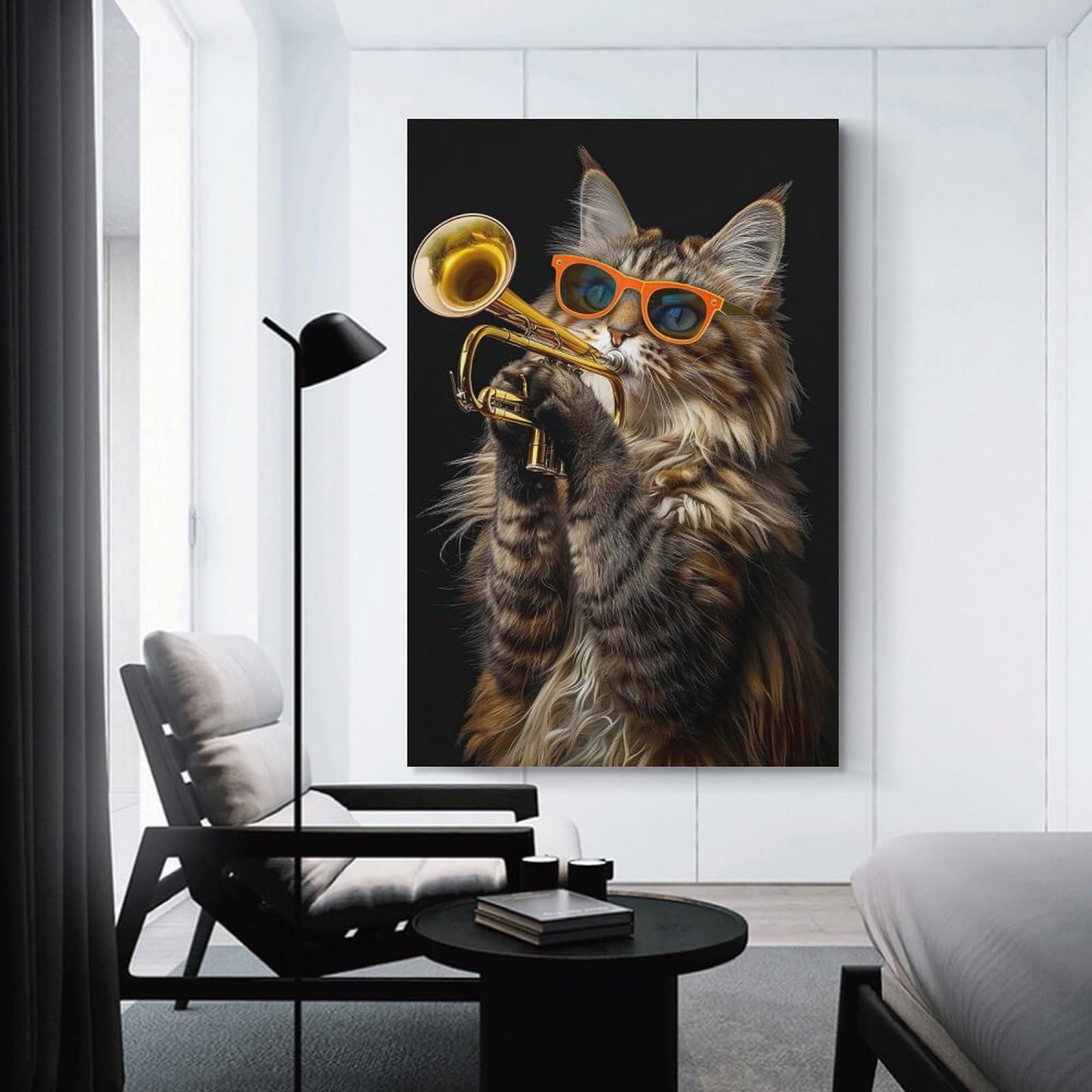 Junmoney Maine Coon Trumpet Canvas Wall Picture 24x36inch(60x90cm), for Contemporary Homes, Apartments Or Offices, Wall Decor with Flexible Room Appeal