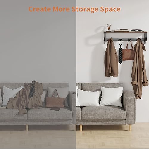 Miniatura 8 de Perchero de pared, estante de pared de madera con ganchos, colgador de pared con 4 ganchos de metal, organizador de perchero montado en la pared