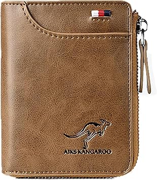 Men Wallet Zipper Genuine Leather Purs, Aiks Kangaroo Wallets, PU Stylish Soft Simple Design RFID Protected Wallet Retro Brown
