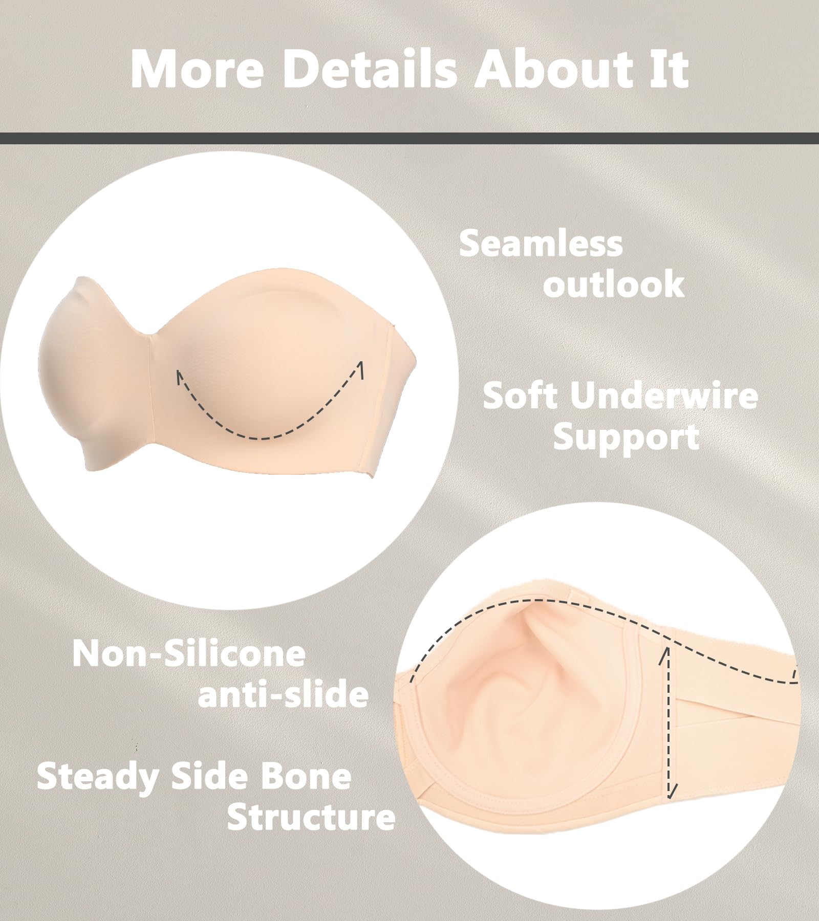 Reggiseno senza spalline, senza cuciture, da donna, senza spalline, taglie forti, con ferretto, non imbottito