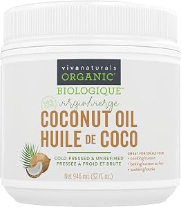 Viva Naturals Organic Virgin Coconut Oil, 32 fl oz (946 mL) – Coconut Oil for Hair, Skin, Cooking & Baking – Cold-Pressed, Unrefined & Non-GMO – Keto & Paleo Certified – BPA-Free Jar