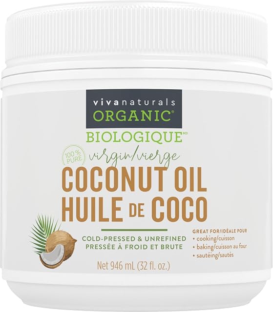 Viva Naturals Organic Virgin Huile de coco, 32 ( ' )946 mL) – Huile de coco pour cheveux, peau, cuisson & Cuisson – Poussés à froid, non raffinés & Non-OGM – Keto & Certifié Paleo – Jarre sans BPA