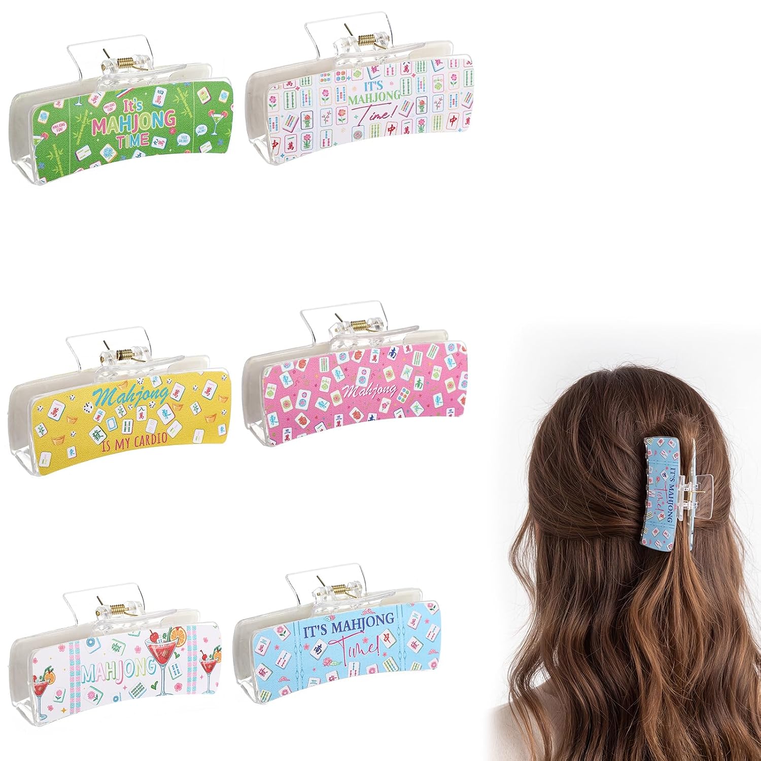 6 Pcs Mahjong Themed Hair Claw Clips Gifts for Mahjong Lovers