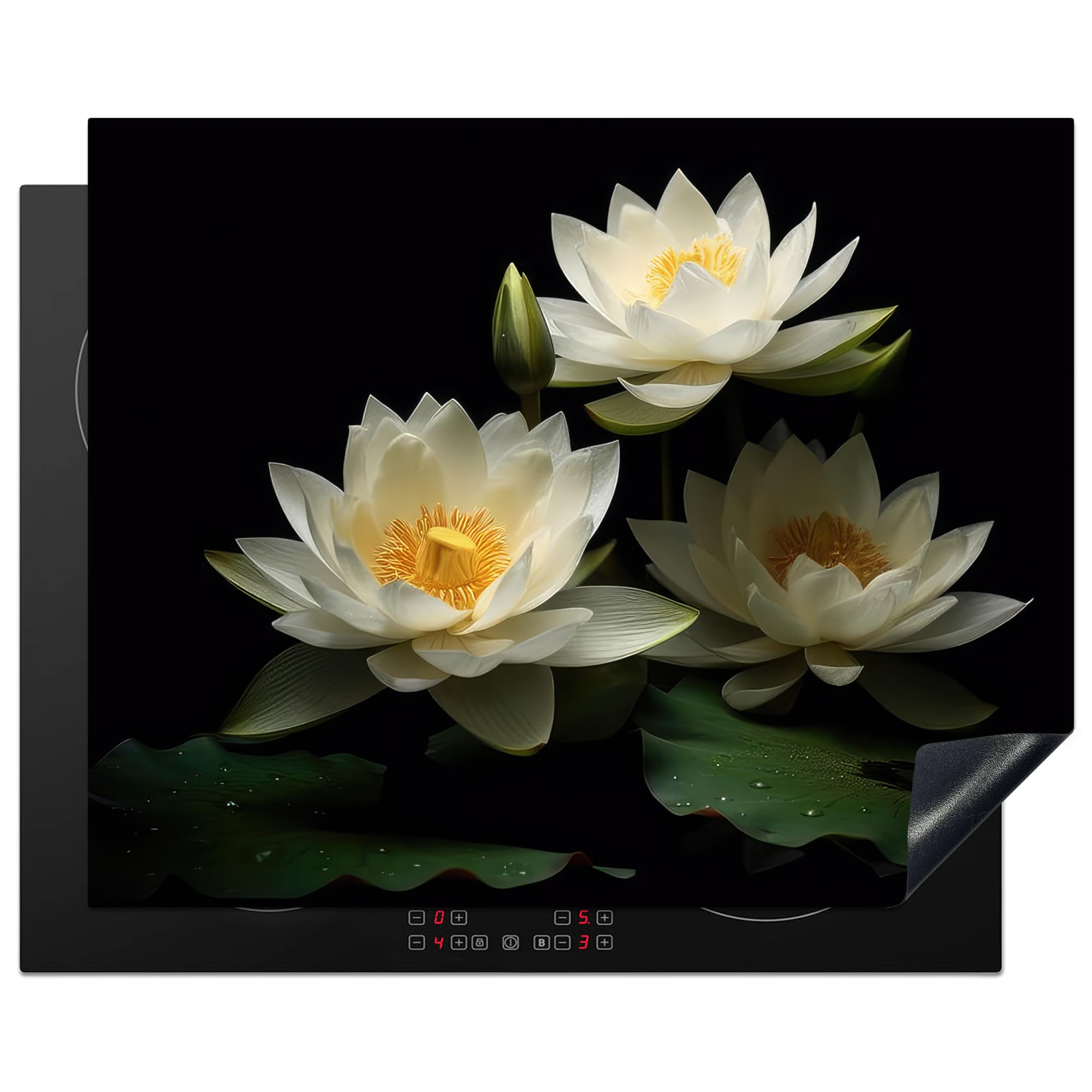 KitchenYeah© Induction Hob Cover Protector Mat 20.5"x25.6" / 65x52 cm Kitchen Universal Ceramic Covers for Electric Cookers Vinyl Lotus - Flowers - White - Nature - Black