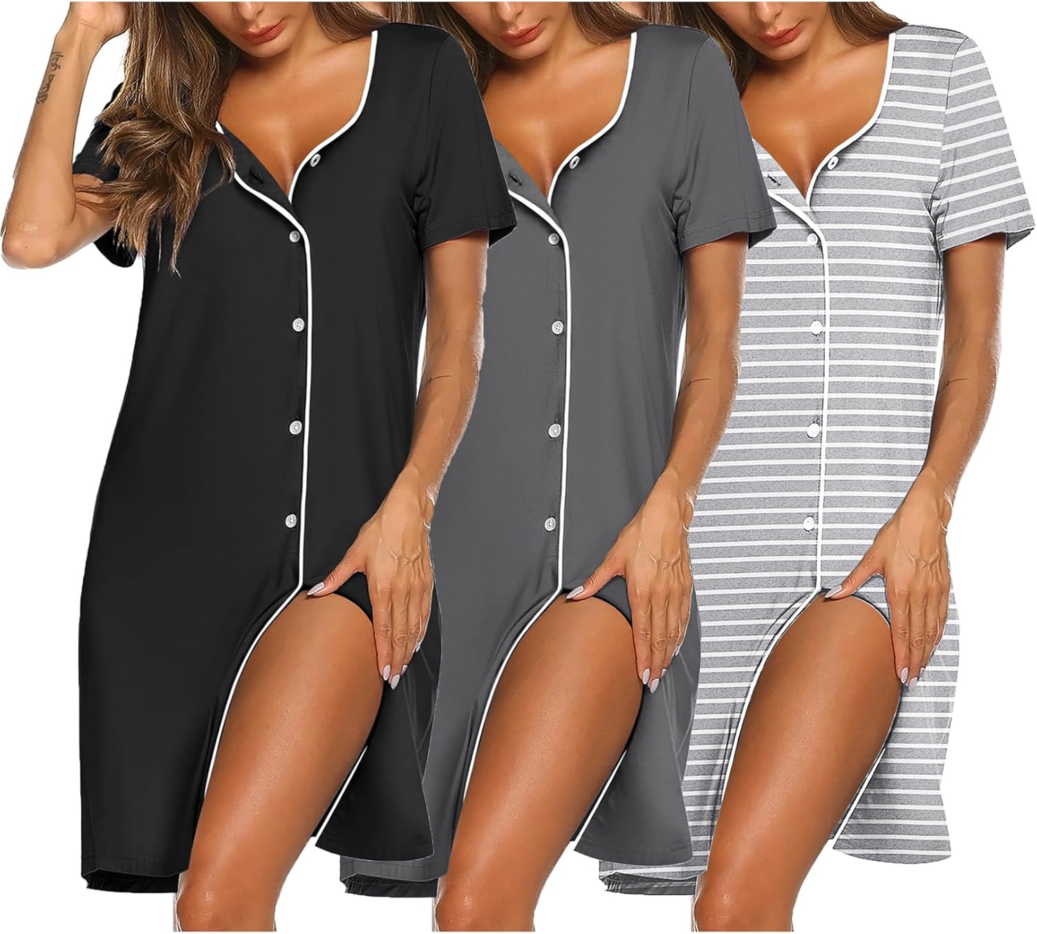 Ekouaer Nightgowns for Women 3 Pack Sleep Shirts Button Down Pajama Dress Short Sleeve Nightshirt Sleepwear Nightdress