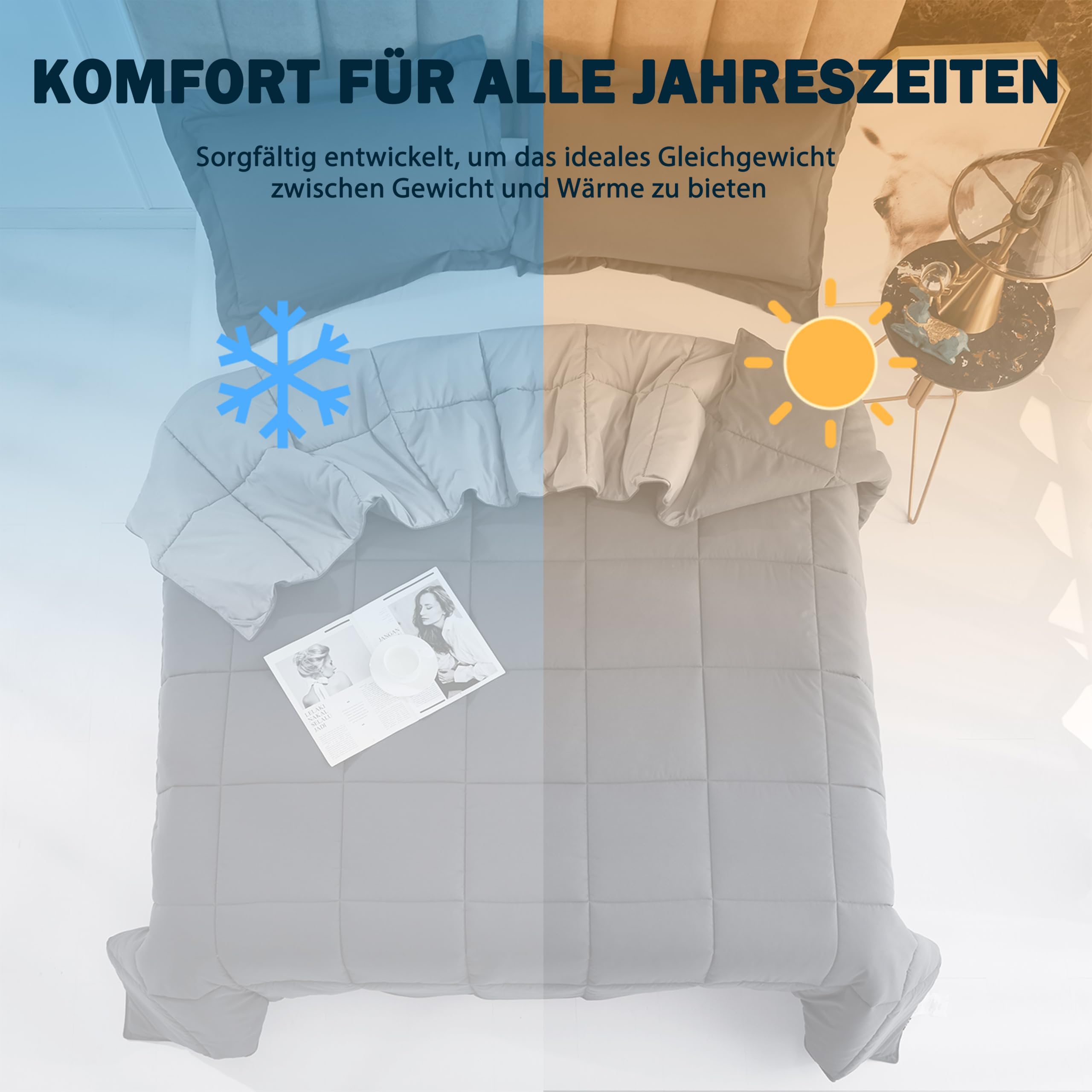 HIG Bettdecken-Set 4-teilig mit 2X Steppdecke 135x200 cm und 2X Kissenbezügen 80x80 cm – Oeko-TEX zertifizierte, kastenförmig genähte Daunenalternative in Grau, mit 1300g Füllung (300 GSM)