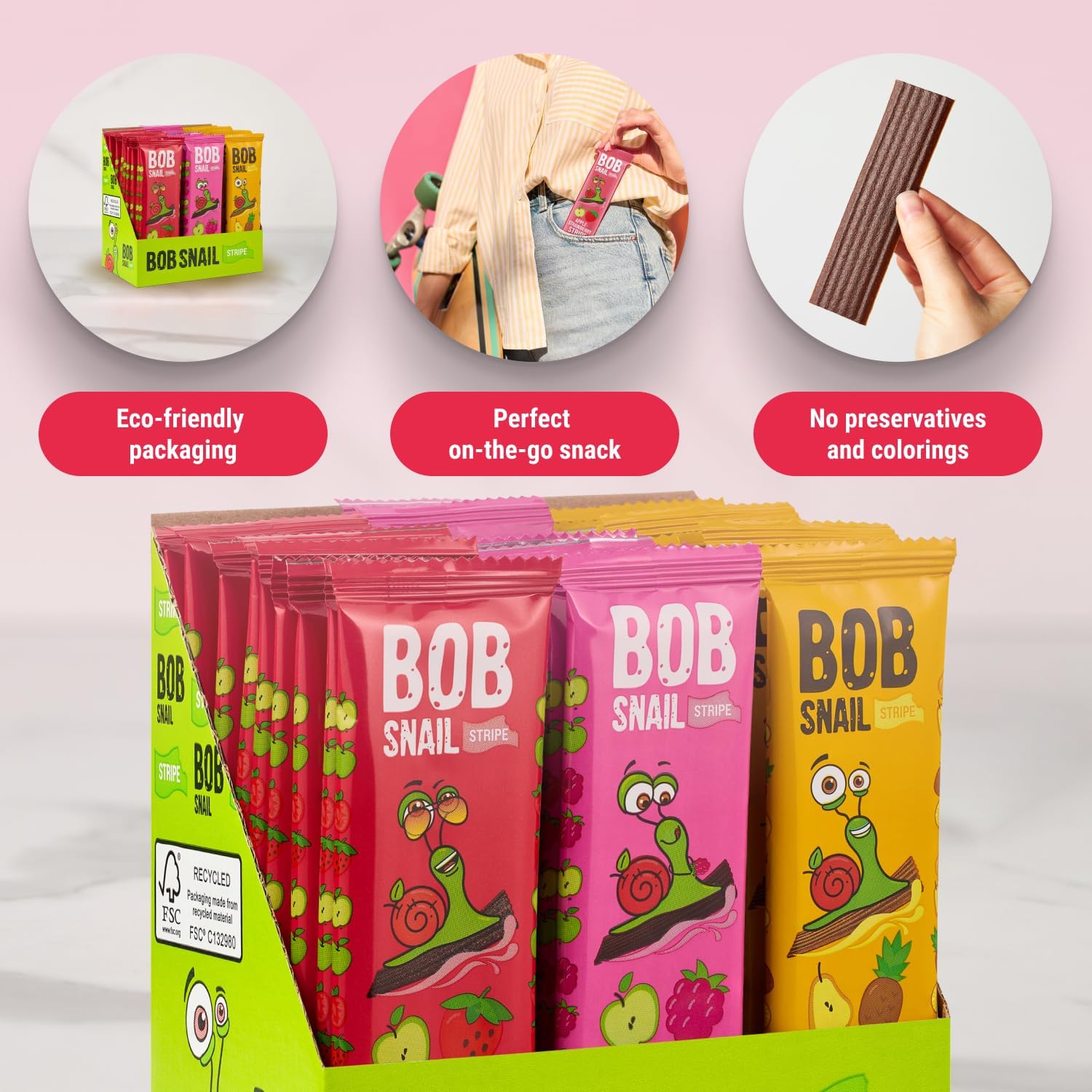 BOB SNAIL Healthy Fruit Snacks for Kids and Adults – 30 Fruit Leather Snacks with Apple, Banana, Strawberry – Vegan Low-Carb Variety Pack Strips for Kids – Sugar Free Jerky Bars
