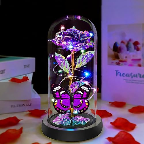 Regalos de flores de cristal de rosa de San Valentín para ella, rosa iluminada de cristal de galaxia en una cúpula de cristal, regalos para el día