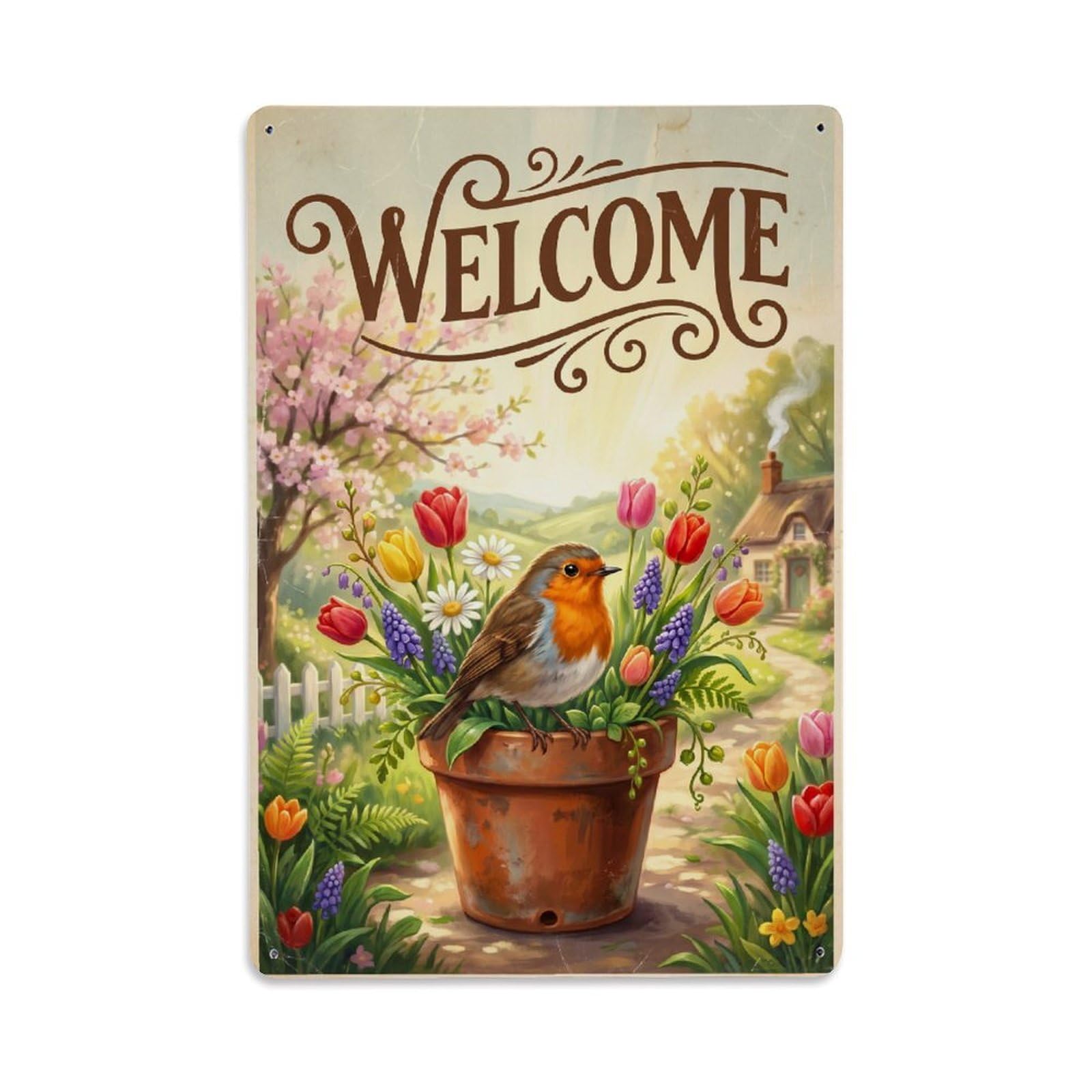 Cxhjca 8X12inch(20X30cm) [Vintage Welcome] Robin Spring Garden Metal Tin Sign