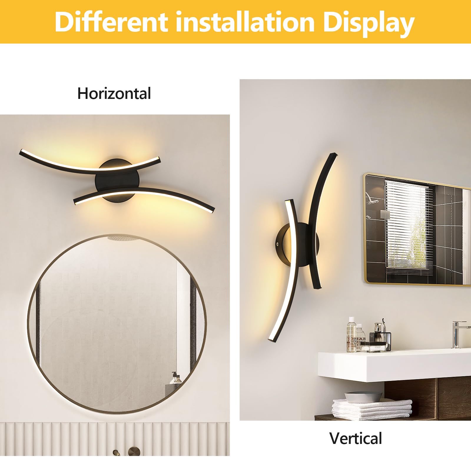 2 Stück Wandlampe Innen LED, 20W 2250LM LED Wandleuchte Schwarz, Modern Dekorativ Wandbeleuchtung Aluminium für Schlafzimmer Korridor Wohnzimmer Treppe, Warmweiss 3000K