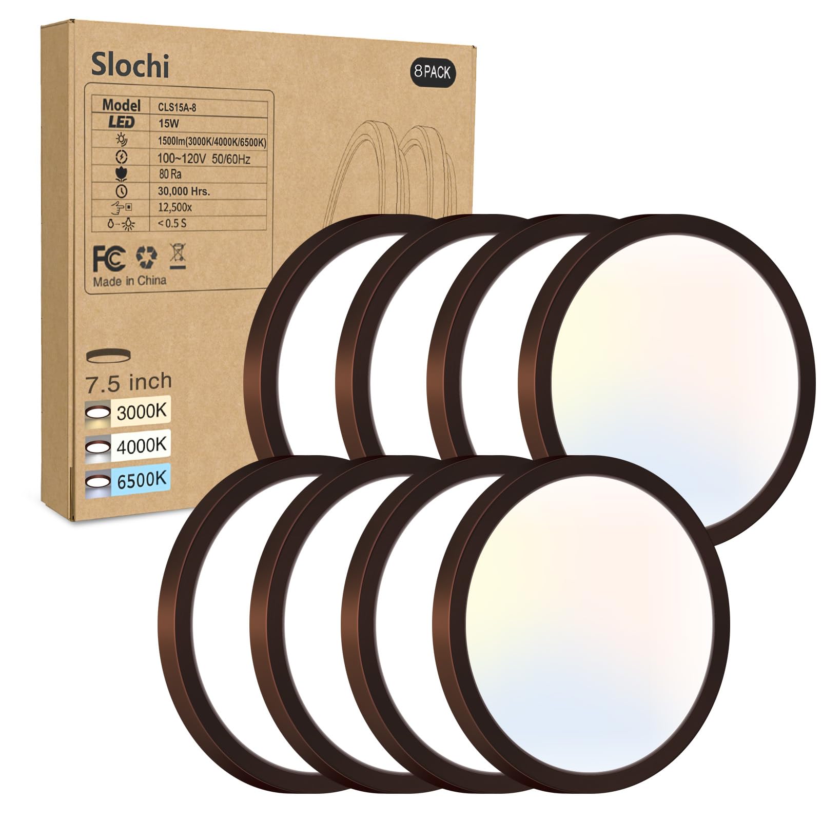 8PACK LED Flush Mount Ceiling Light Fixture, 3000K-4000K-6500K & 100W Equivalent Modern Kitchen Recessed Ceiling Lamp 15W 1500Lm 7.5 Inch Closet Round