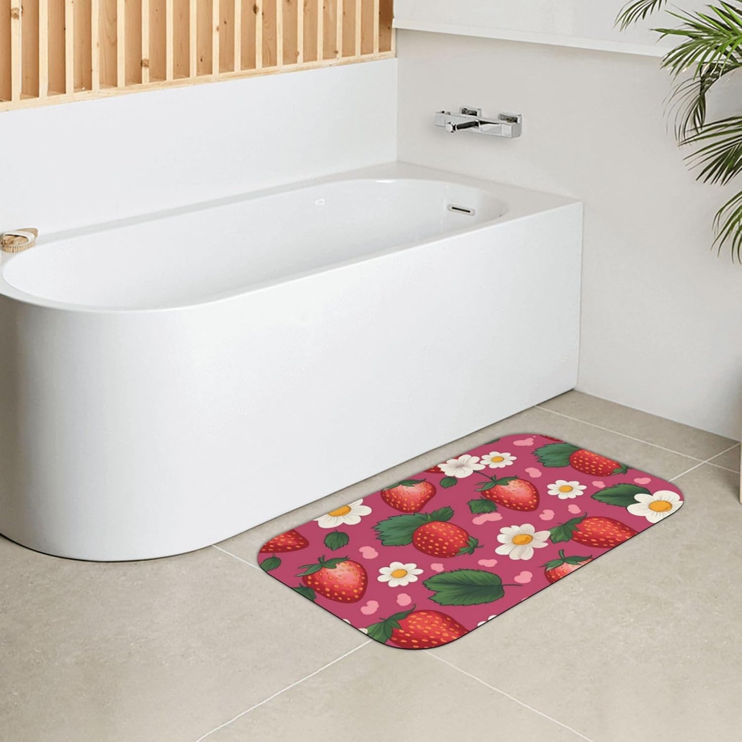 Stone Bath Mats Pink Strawberry Diatomaceous Earth Bath Mat Super Absorbent Bathroom Floor Mat Quick Drying Diatomite Shower Mat for Shower Bathtub Bathroom Accessory 19.7x31.5in