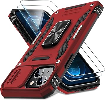 DEERLAMN Case for iPhone 15 with Slide Camera Cover + Screen Protector 2 Packs, Rotated Ring Kickstand Military Grade Shockproof Protective Cover-Red