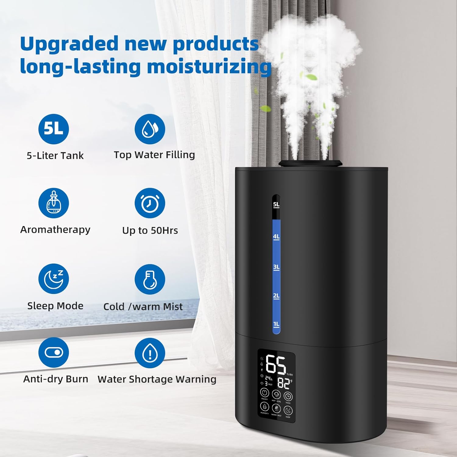 Overview of humidifier features including 5L tank, top fill, aromatherapy, 50 hours run time, sleep mode, cold/warm mist, anti-dry burn, and water shortage warning