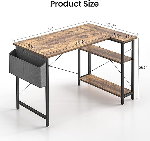 Miniatura 3 de CubiCubi Escritorio en forma de L, mesa de computadora de 47 pulgadas con estantes de almacenamiento reversibles, oficina en casa, esquina, estudio,