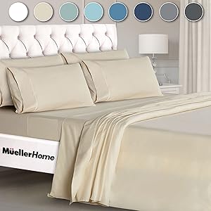 Mueller UltraTemp 6 PC Queen Sheet Set - Ultra-Soft Luxury Series, Cooling & Breathable Hotel Luxury Bed Sheets, Deep Pocket Wrinkle-Free Oeko-TEX, Cream