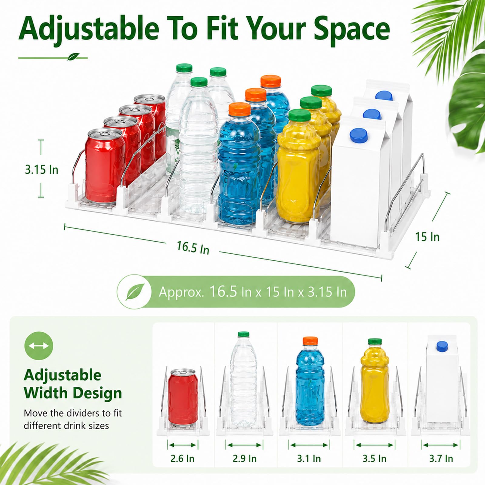 Organizer per bevande per frigorifero, 5 file di scorrimento automatico, larghezza regolabile, dispenser per lattine di soda per frigorifero, può contenere fino a 25 lattine