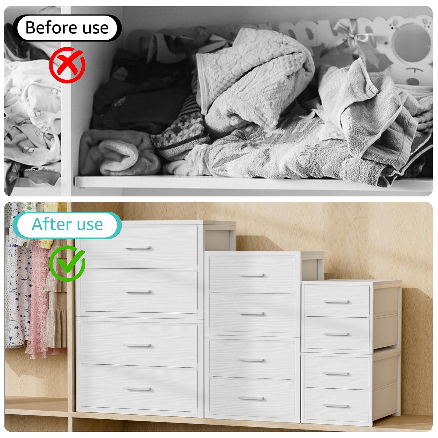BOLUO Stapelbare Schubladen, schmaler Schrank-Organizer und Aufbewahrung, Stoff, weiß, 2 Schubladen, Kommode für Schlafzimmer, modern