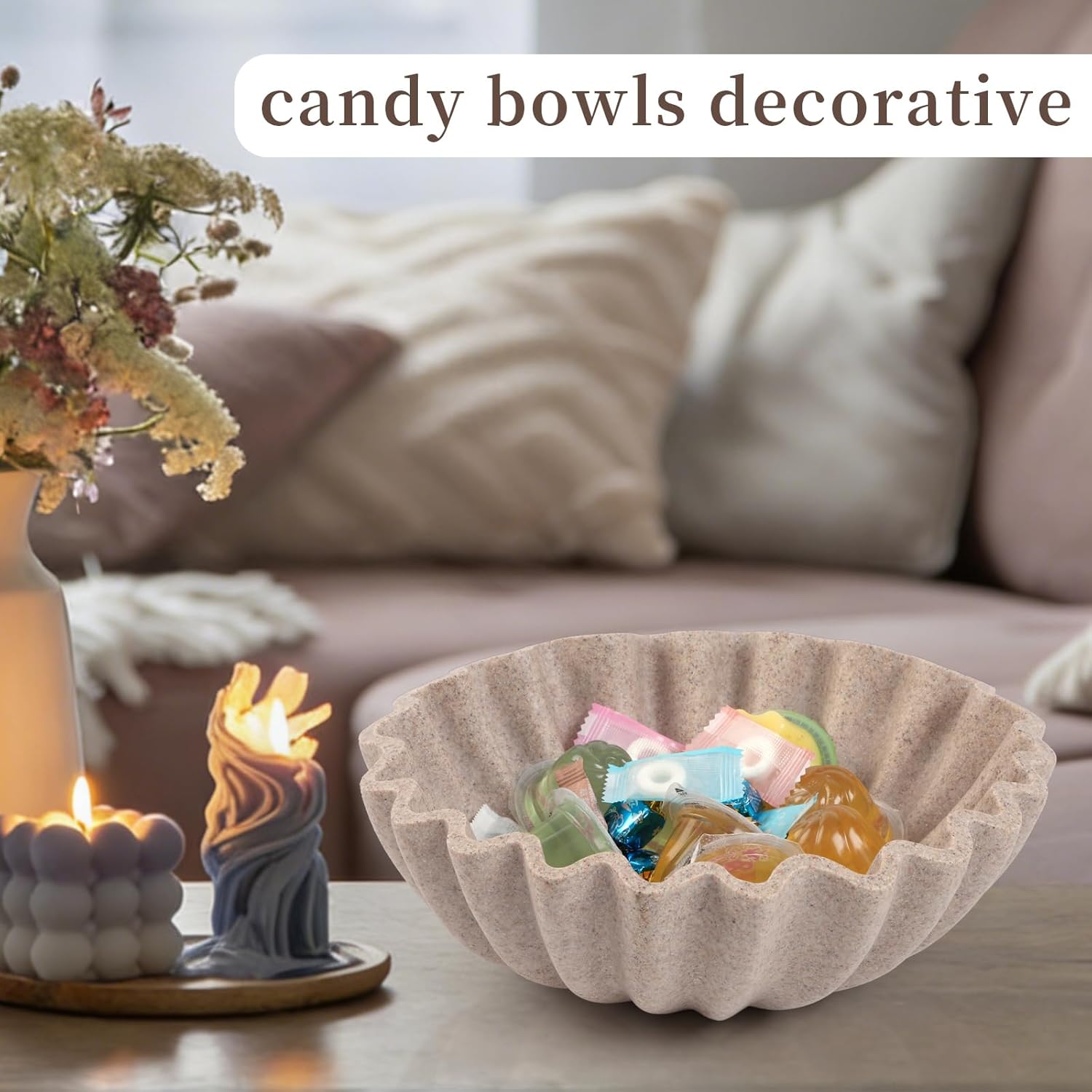 Decorative Fruit Bowl for Kitchen Counter, Resin Key Bowl for Entryway Table, Catch All Bowl for Coffee Table Decor, Scalloped Bowl for Home Decor, Sandstone Finish