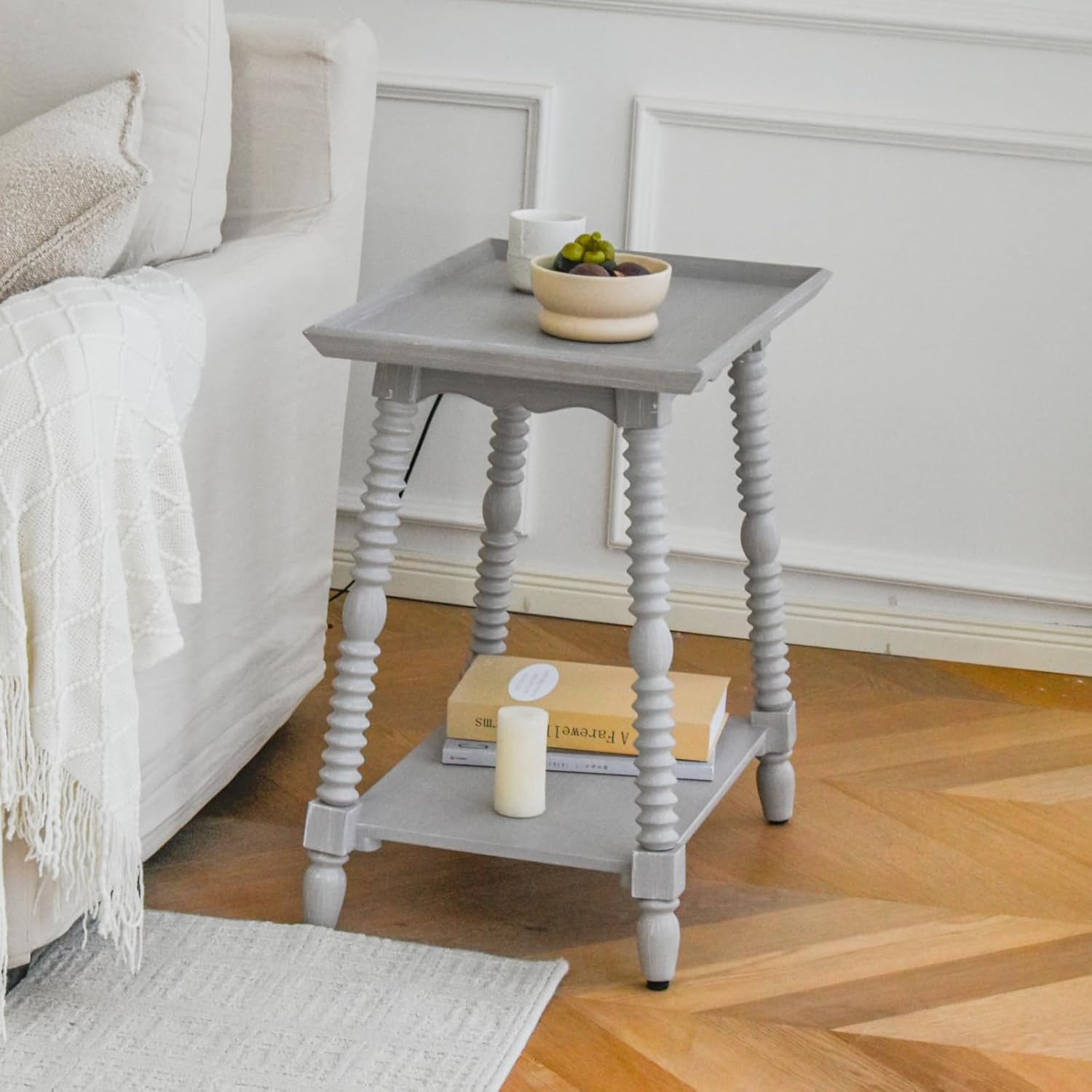 End Table, Narrow Side Table with 2-Tier Storage, Vintage Wood Side Table with Raised Edge Top, Nightstand Accent Table for Living Room, Bedroom, Small Spaces, 22"x15"x23.75", Gray