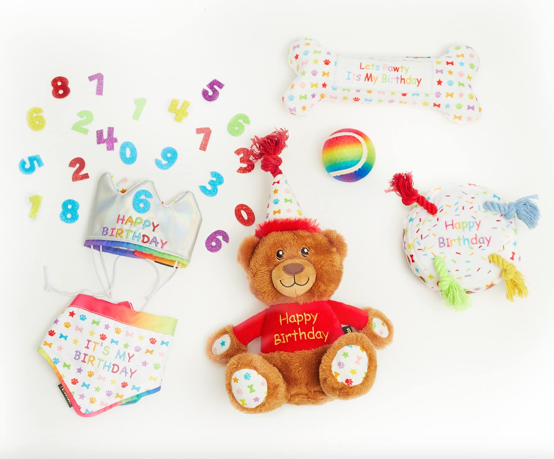 Coffret cadeau d'anniversaire pour chien 6 pièces avec jouets, chapeau et bandana Taille S