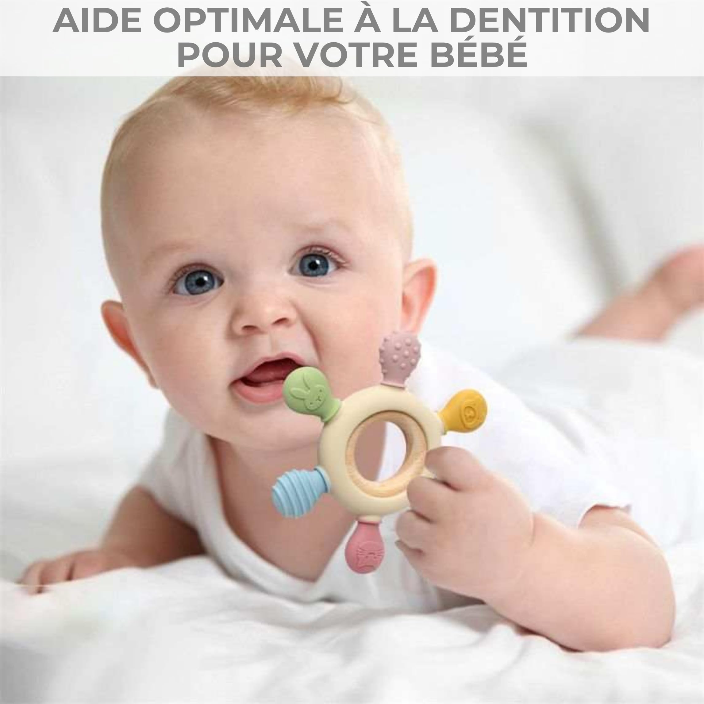CAJA anneau de dentition bébé en silicone et bois jouet de dentition sans BPA motif animal cadeau naissance garçon fille prise facile