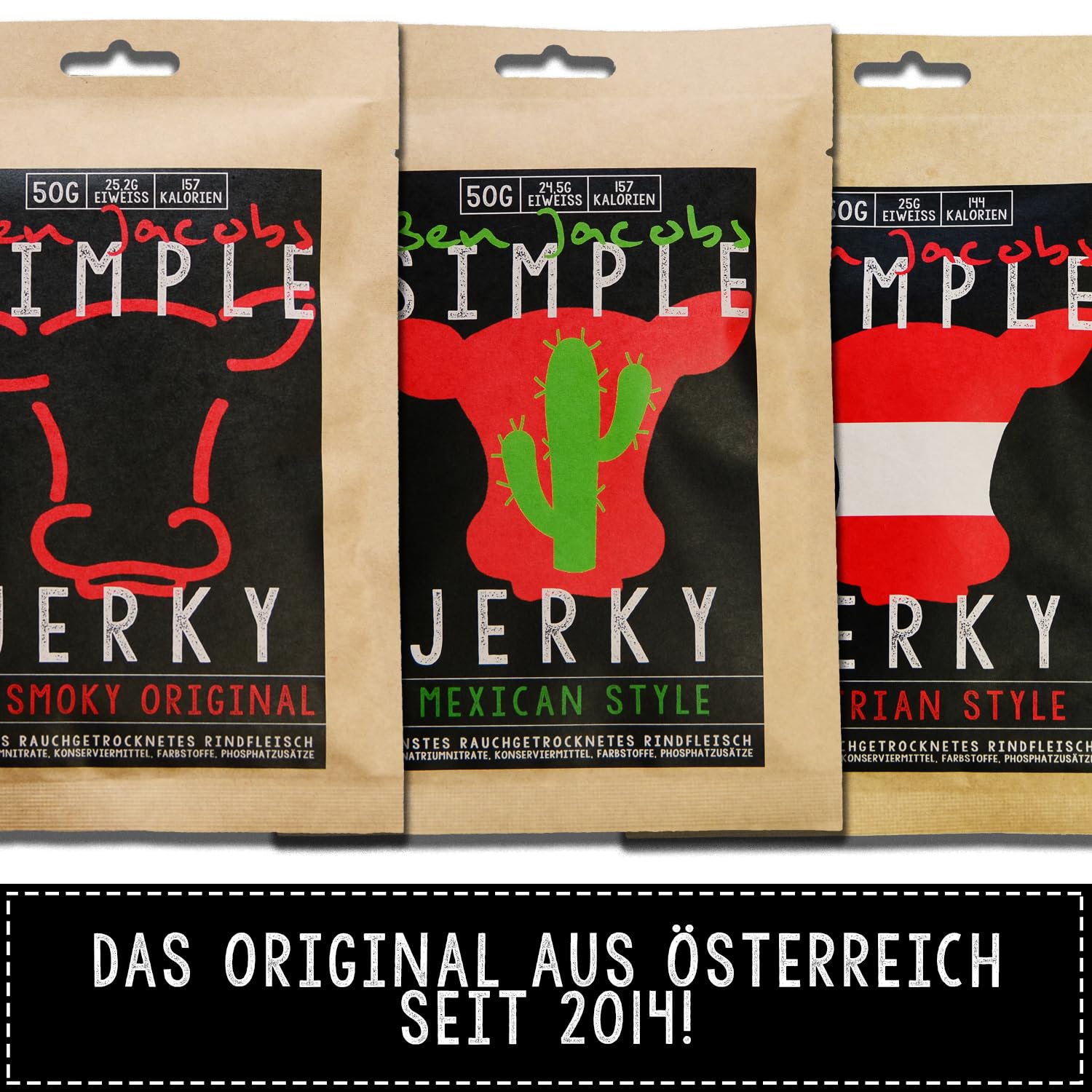Beef Jerky Probierbox, 5 x 50g, handgemacht, Österreichs Beef Jerky Nr. 1, Premium Trockenfleisch ohne chemische Zusätze (Mixed Flavors)