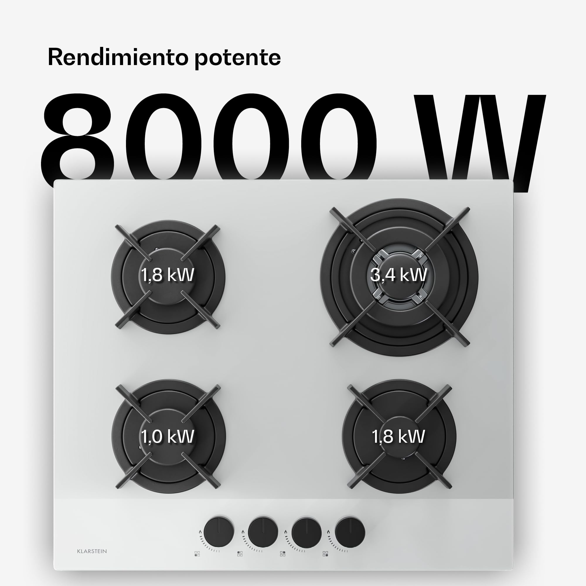 Klarstein Velaire Placa de Gas 60 cm - 4 Quemadores, 8000 W, Vidrio, GLP & Gas Natural, Encendido Eléctrico, Protección Antillama, Kit Conversión, Encimera Cocina Moderna, Blanco