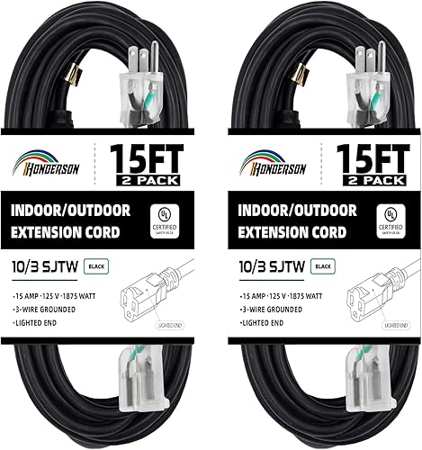 HONDERSON Paquete de 2 cables de extensión iluminados para exteriores de 15 pies - 103 SJTW cable de extensión negro resistente con enchufe de 3