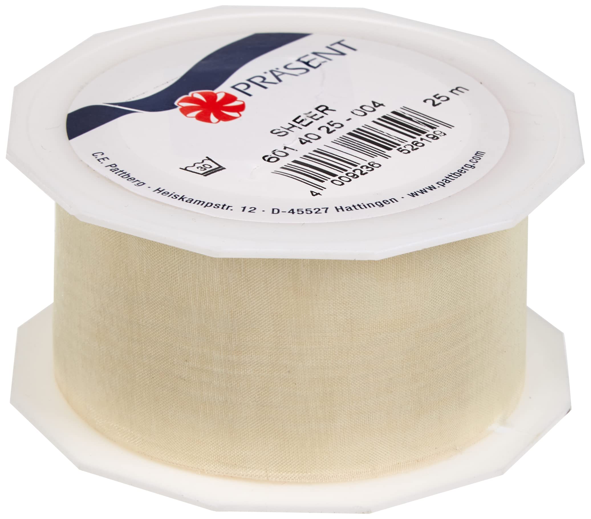 PRÄSENT Organza Ribbon, Polyester, Cream, 40mm-25m
