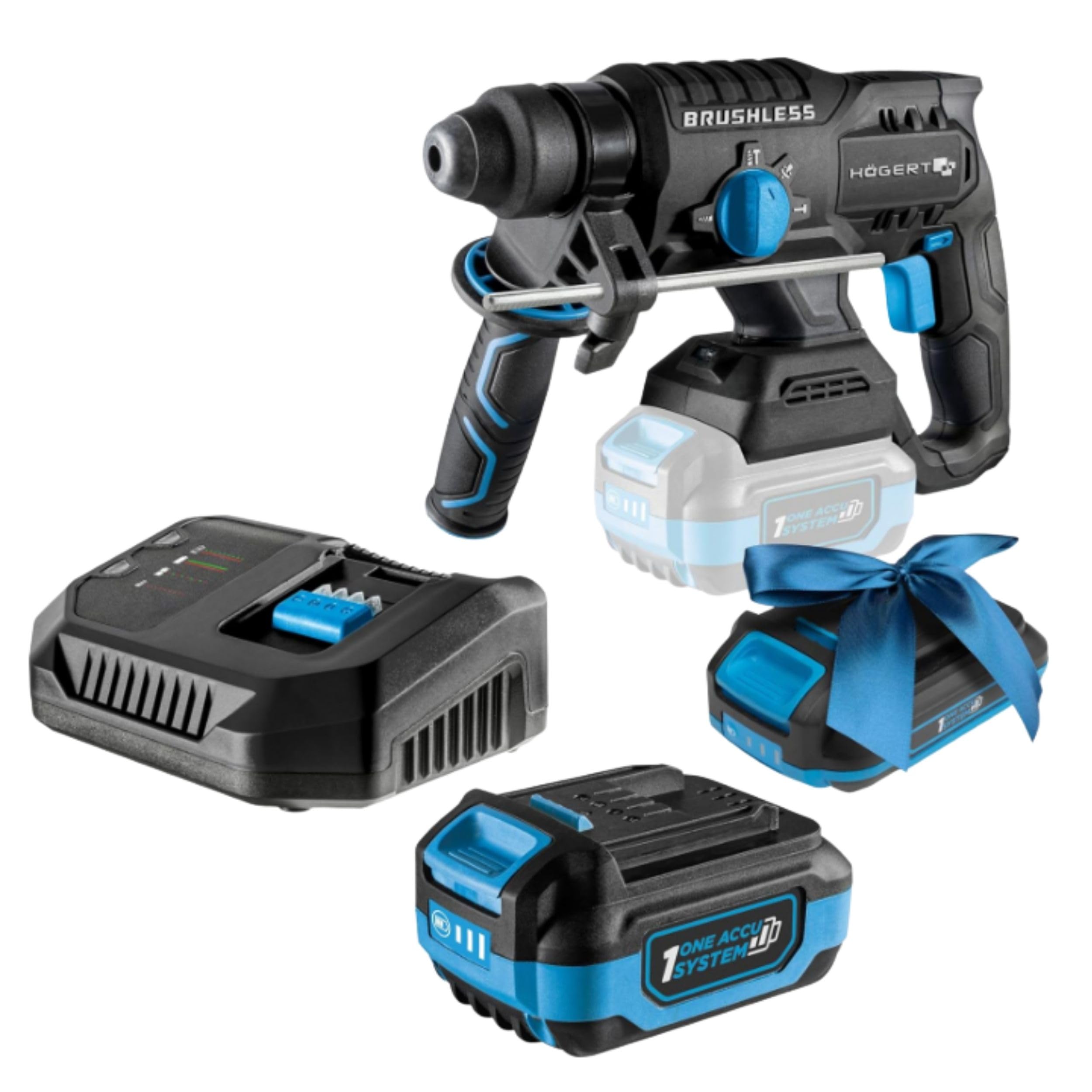 HÖGERT TECHNIK Juego de martillo perforador inalámbrico sin escobillas, 18 V, 2,0 J, función de cincel, batería de 4,0 Ah, cargador de 4 A, engranaje metálico, LED, para hormigón y metal + batería