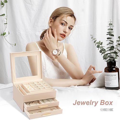Miniatura 7 de Caja organizadora de joyas, organizador de joyas de 3 capas con 2 cajones, cajas de joyería para exhibir aretes, collar, reloj, pulsera y anillos,