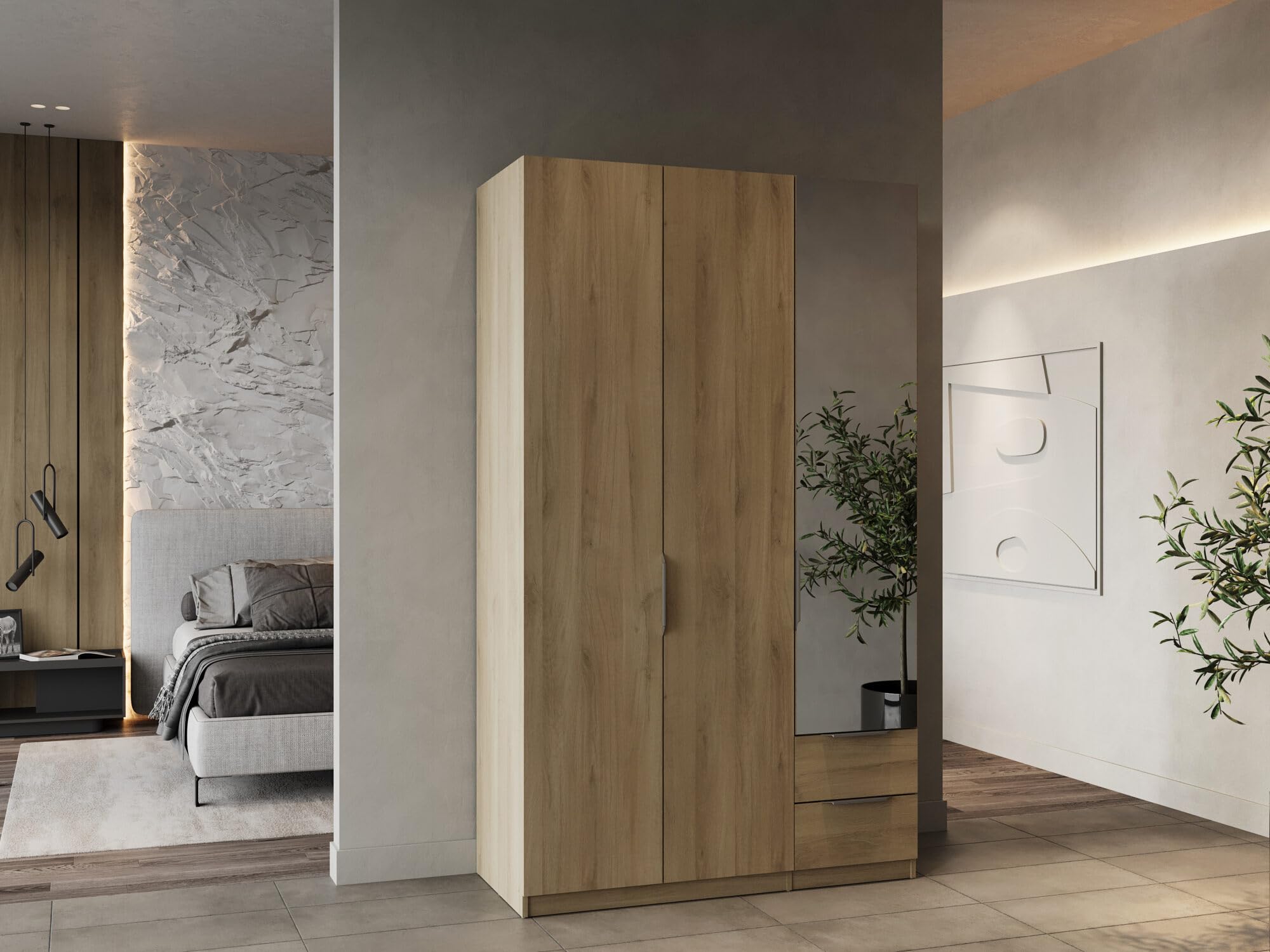 Demeyere 391391 Armadietto Guardaroba con Specchio e Armadio Moderno a 3 Ante 2 Cassetti 4 Nicchie, Colore Rovere Kronberg, 119.4 x 51.1 x 203 cm, Legno Ingegnerizzato, Grigio