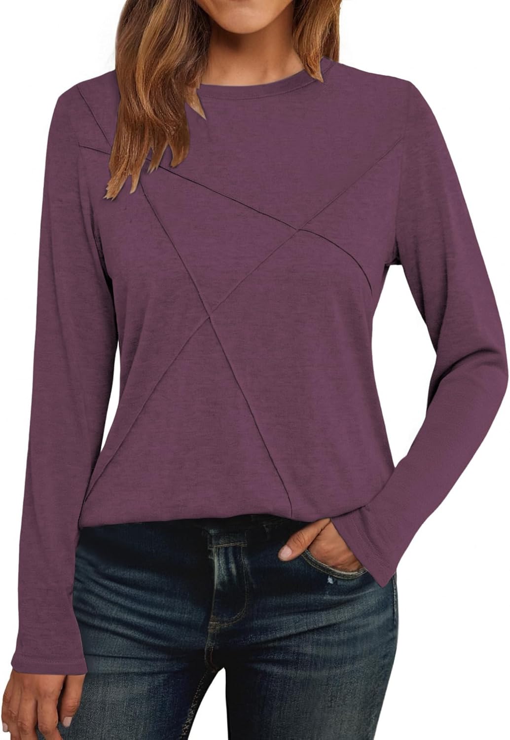 Cuptacc Lange mouwen Dames Ronde Hals 2025 Mode Basic Top Effen Lente Trui Met Vouwen Shirt Chic, wijnrood 2, L