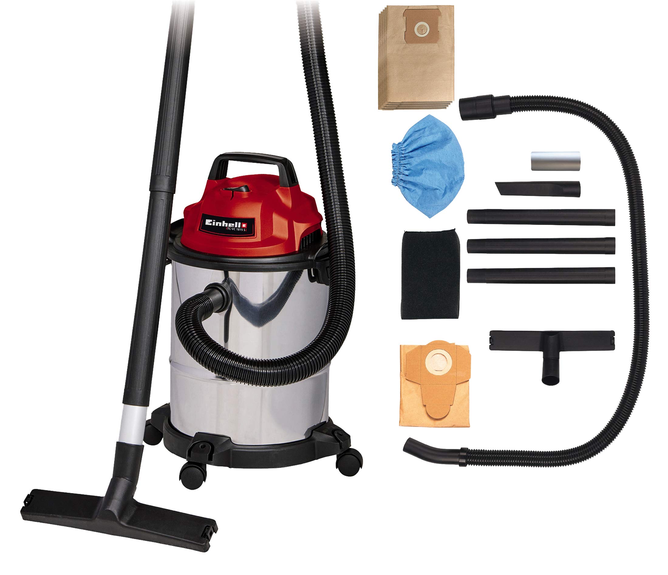 Einhell Aspiradora en seco y húmedo eléctrica con Cable - TC-VC 1815 S. 220-240 V, 50 Hz, 1250 W, 15 litros, Potencia de succión de 180 mbar, 79 dB, Velocidad de 37700 CV + 5 Bolsas de 15L