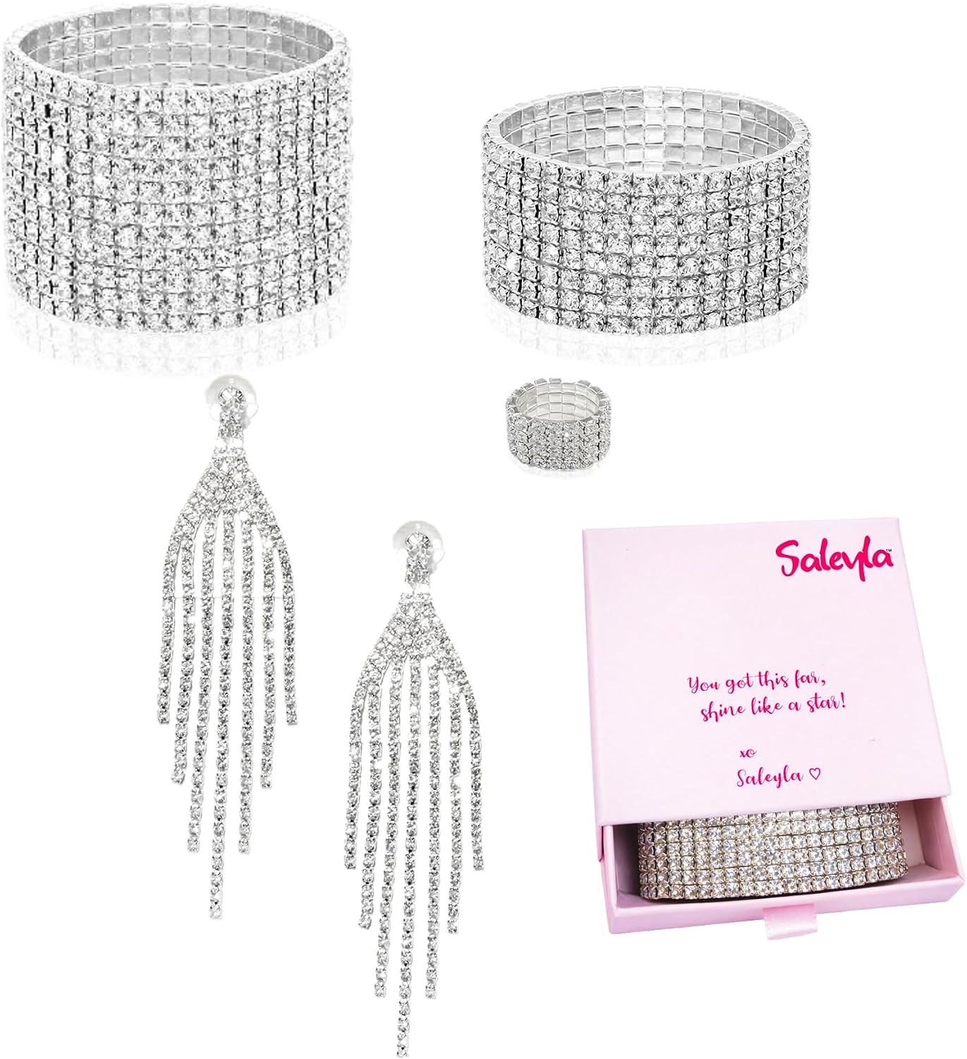 SALEYLA NPC Competition Jewelry Set – 2 Stretch Bracelets, Chandelier Earrings, Crystal Ring & Pink Gift Box – Bikini & Figure Stage Accessories for Women