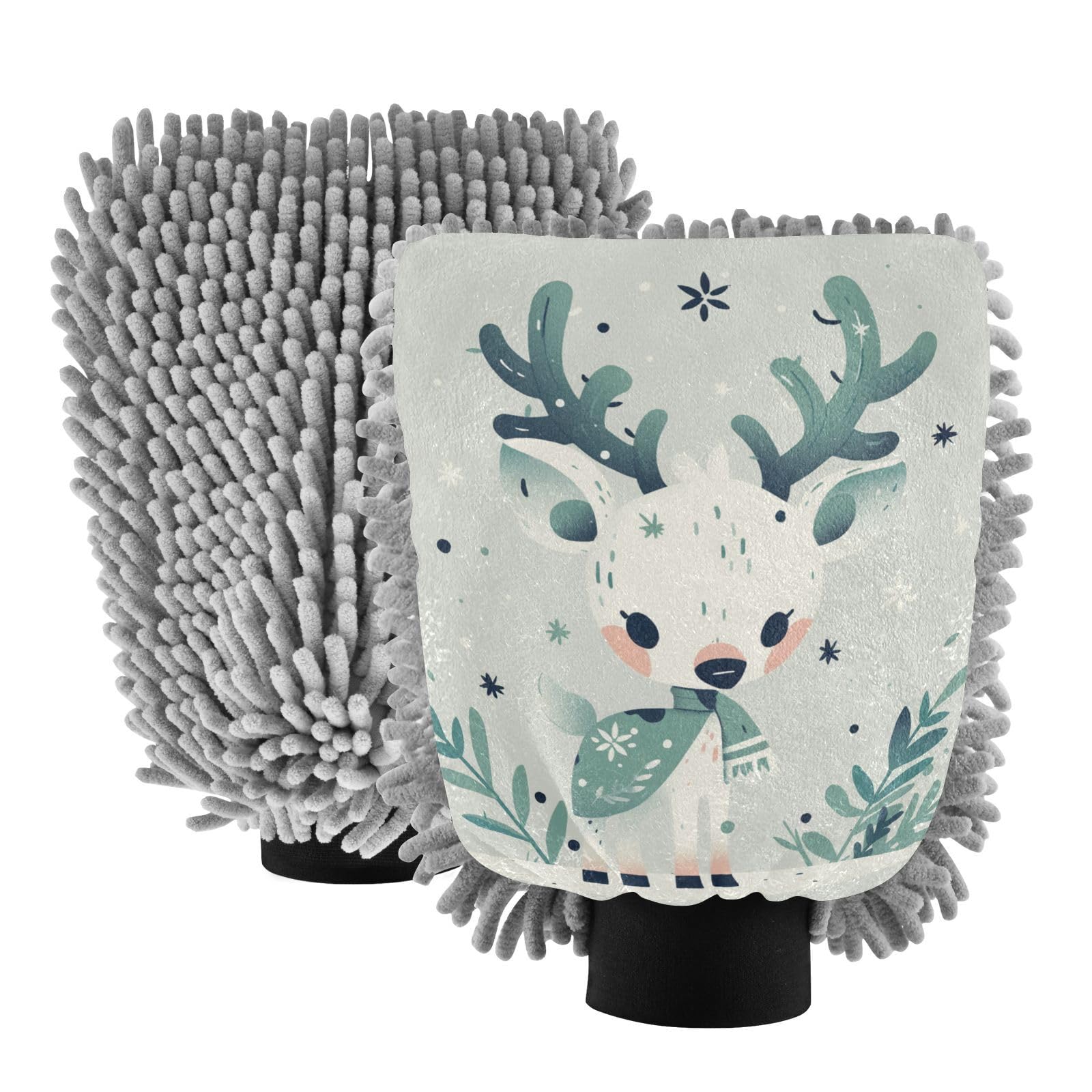 Yoogain Modern Reindeer Green Car Wash Mitts Microfiber Scratch Free Hand Mitt Car Wash Glove Sponges for Car