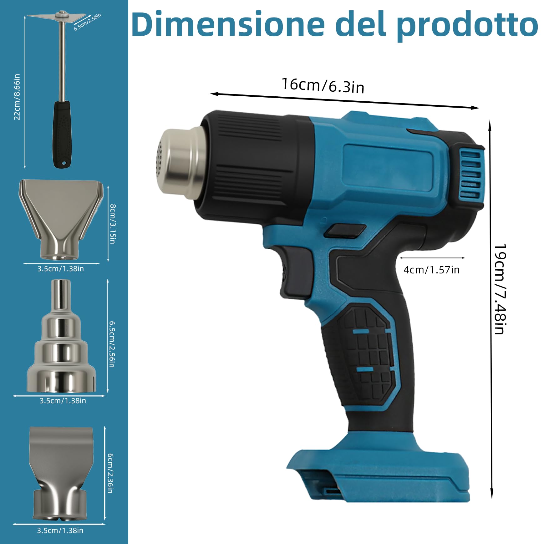 Pistola ad aria calda senza fili 350 W – Compatibile con batteria Makita 18 V 86-1022℉ soffiatore ad aria calda per fai da te, con 3 ugelli e raschietto, senza batteria