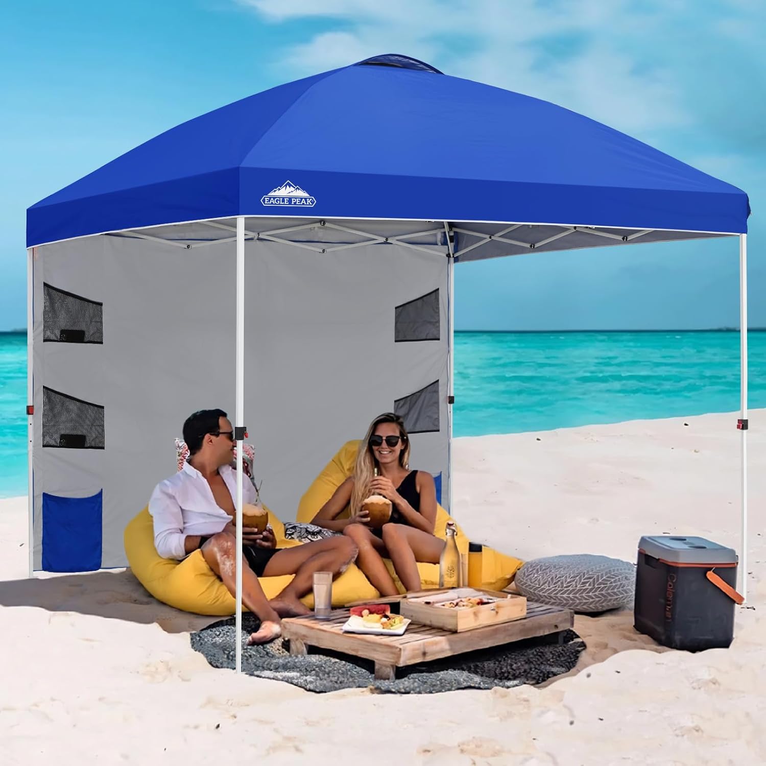 EAGLE PEAK Commercial Canopy 10x10 with Sidewall Storage, Easy OnePerson Setup Pop Up Canopy Tent with Roller Bag, Stakes, Ropes, and Weight Bags, Blue