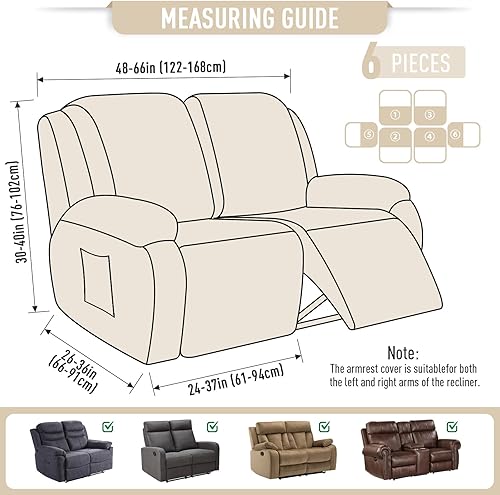 Miniatura 6 de TAOCOCO Funda para sofá biplaza reclinable, 6 piezas, fundas dobles para sofá biplaza reclinable doble de 2 asientos, protector de muebles con