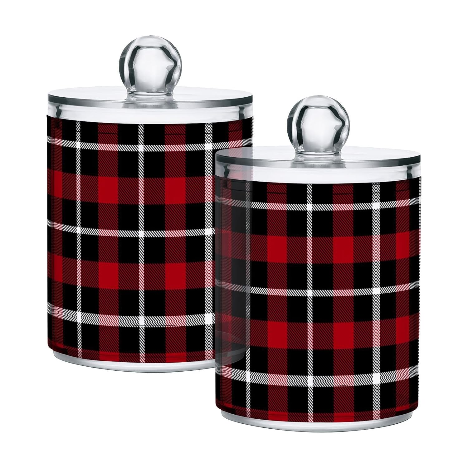 Red-tartan-pattern Restroom Bathroom Organizers with Lid Qtip Holder Dispenser Apothecary Jars Cotton Balls Pads Swabs Holder Jar 4