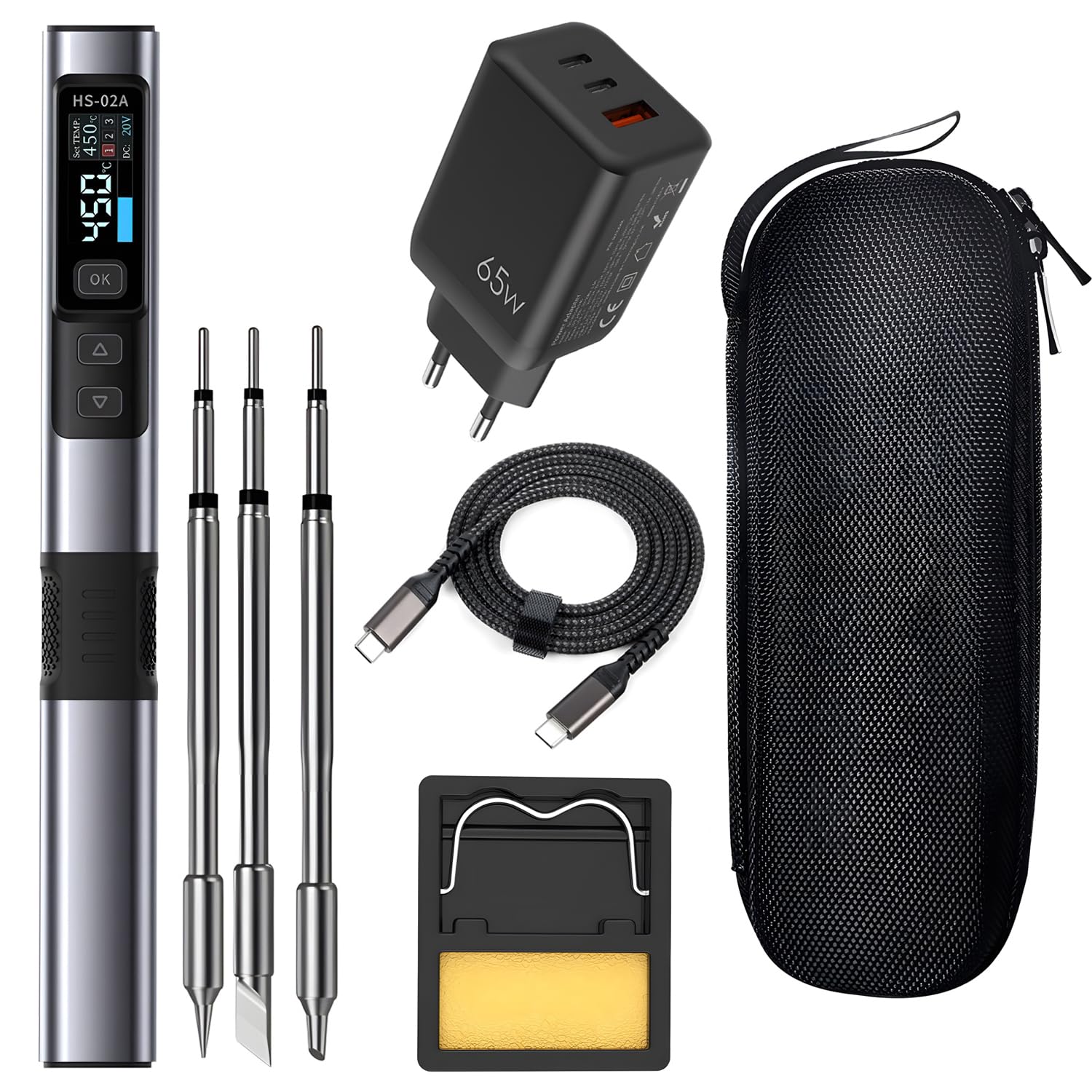 Treedix Juego de mini soldador PD/DC 65 W/100 W, soldador profesional con pantalla digital y tres puntas de repuesto, temperatura ajustable, fuente de alimentación dual PC/DC, incluye cargador PD