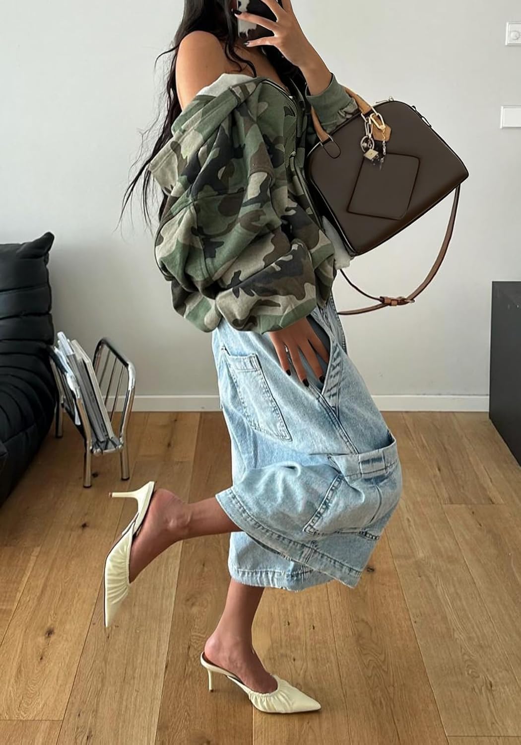 Tbahhir Baggy Cargo Jeans Camo Women Camouflage Jean Cropped Wide Leg Denim Pants Army Fatigue Trousers Dressy Casual
