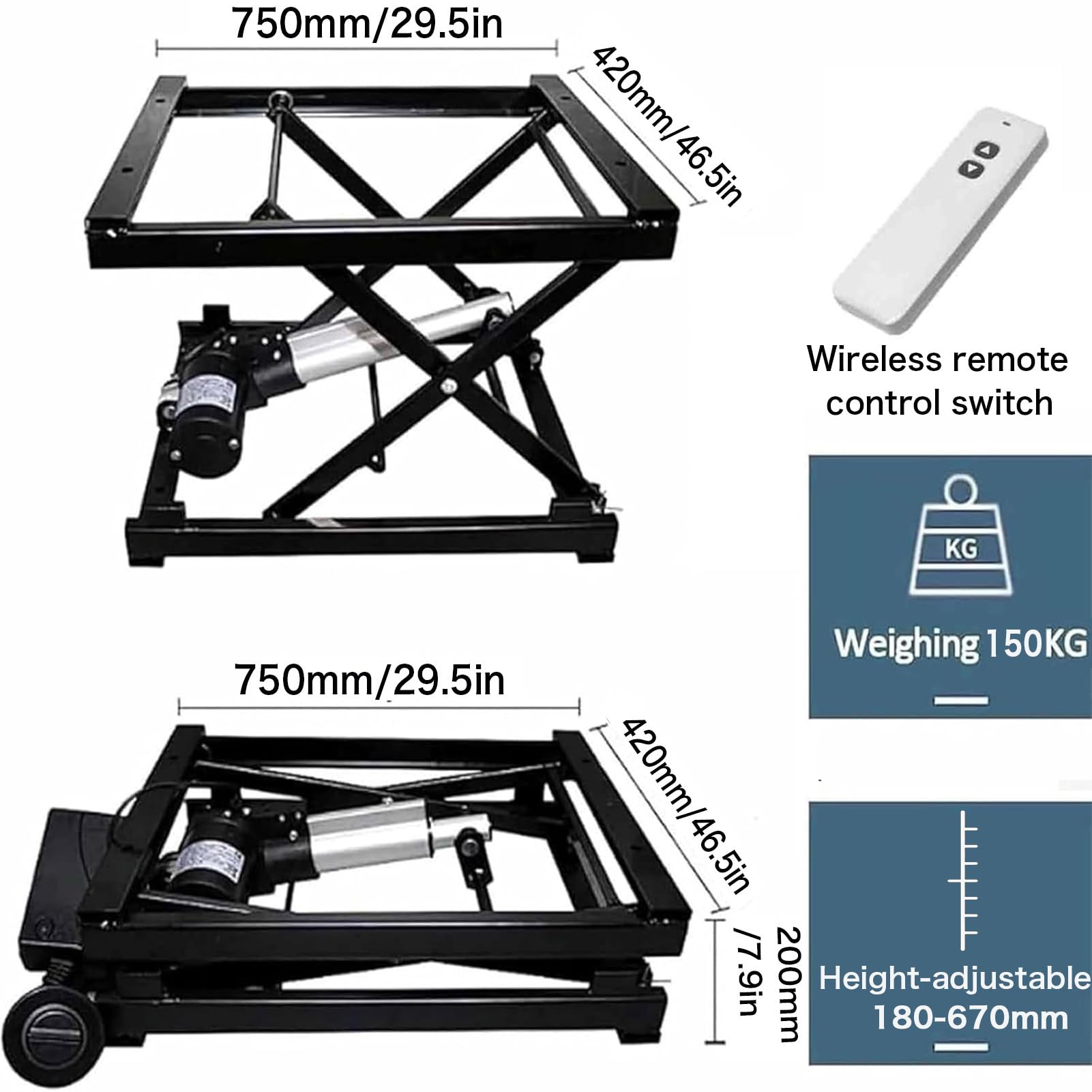 Mesa elevadora de tijera eléctrica, plataforma de trabajo ajustable en altura, capacidad de 20/100/150 kg con control remoto inalámbrico, ideal para uso en casa y oficina