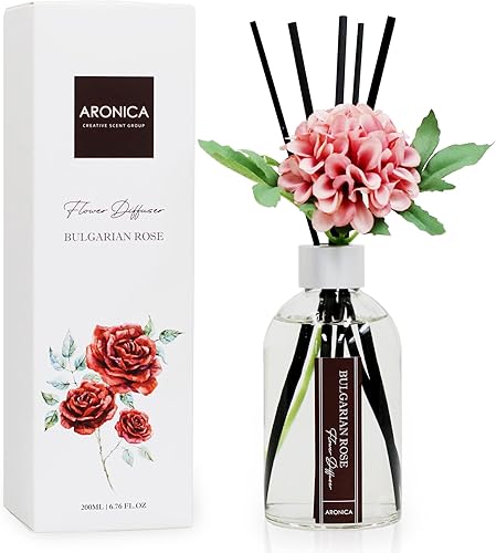 Aronica Difusor de caña de flores, aroma de rosa búlgara, 6.76 onzas 6.8fl oz, juego floral de rosas estéticas para oficina, hogar, decoración de