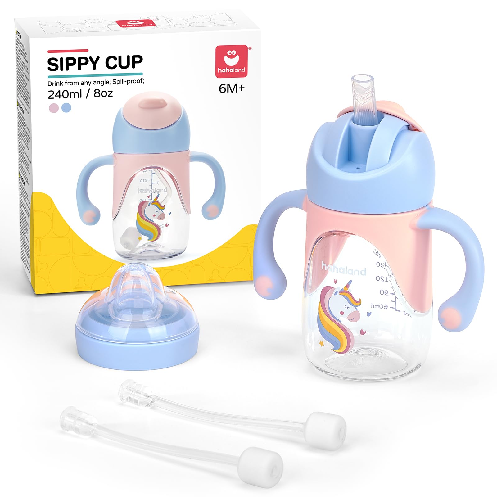 hahaland 2 in 1 Baby Cups & Sippy Cup with Straw and a Spout 240ML, Toddler Drinks Water Bottles Trainer Cup with Handles for Babies 6 12 Months - Unicorn (One Cup with 2 Nipples)Global Recycled StandardGlobal Recycled StandardGlobal Recycled Standard