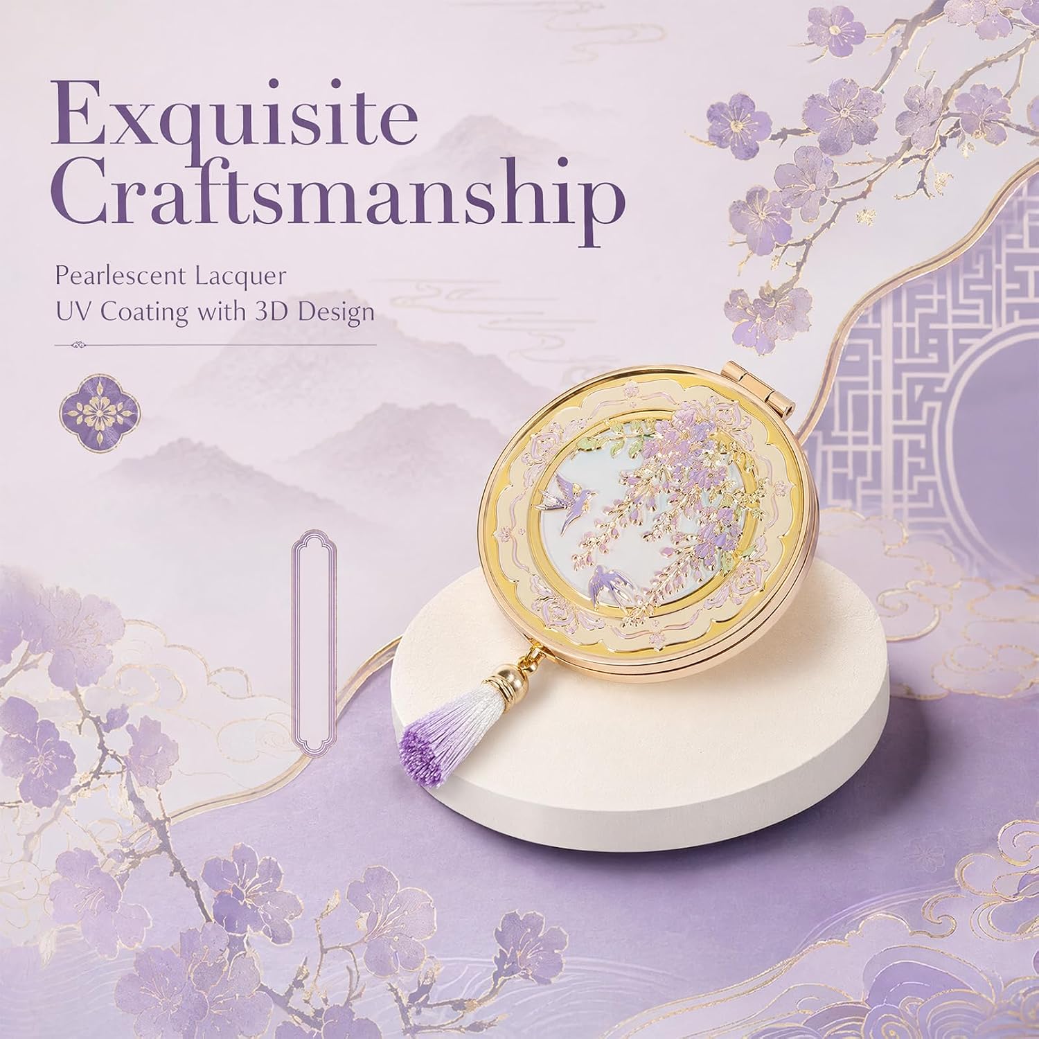 Wisteria Swallow Compact Mirror, Mini Portable Folding Mirror,Travel Makeup Mirror,Small 2X Magnifying Makeup Mirror for Purse Pocket,Vintage Chinese Style Gift for Women Girls (Light Purple) image 3