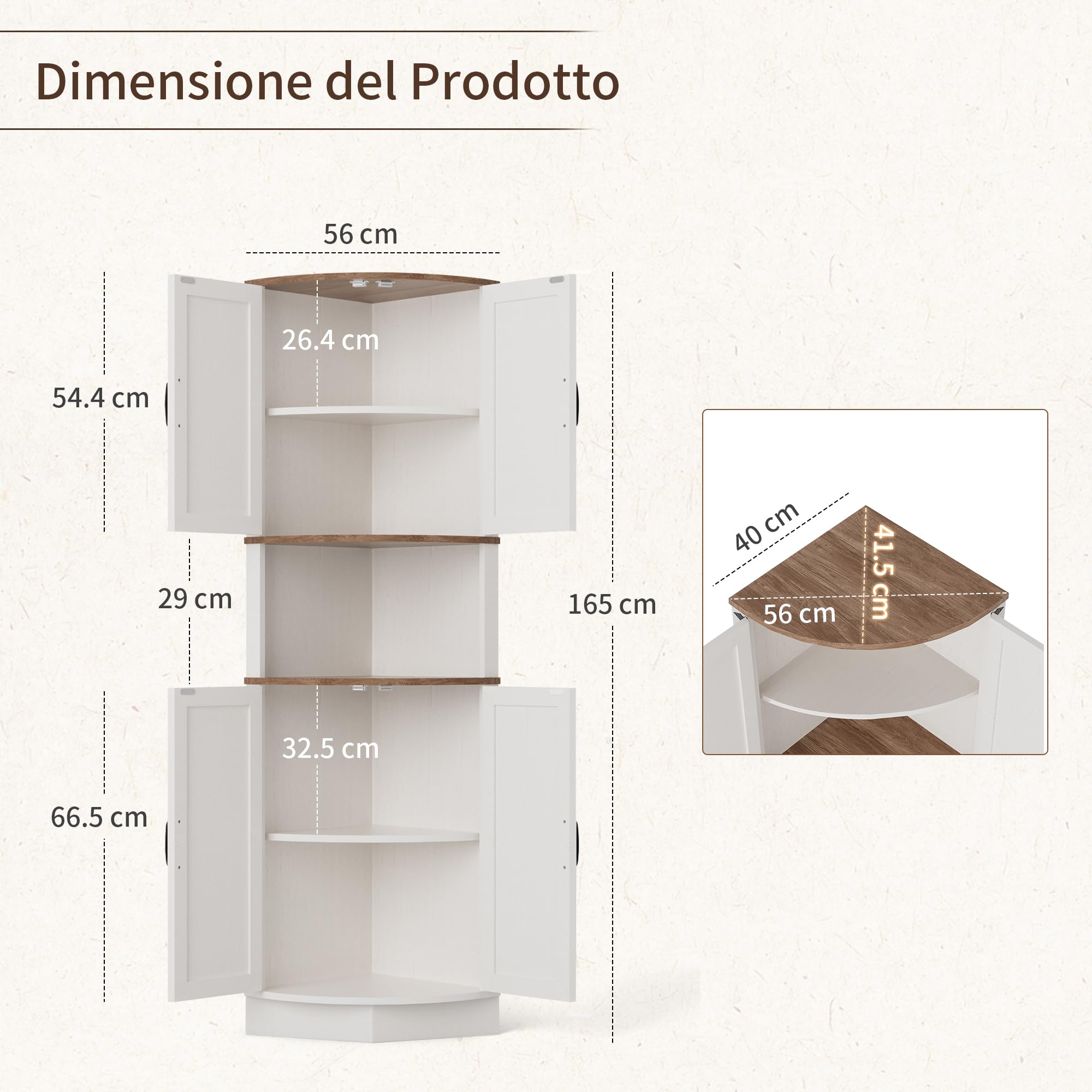 BonVache Angolare, Mobile Ante e Ripiano Regolabile, Mensola Angolare, per Cucina, Soggiorno, Sala da pranzo, Bianco, Bagno, Stile Farmhouse Moderno, Bianco