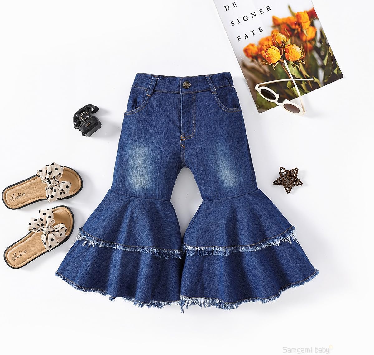 IBTOM CASTLE Toddler Girls Bell Bottom Jeans Flare Pants for Kid Ruffle Ripped Denim Leggings Elastic Waist Casual Trousers